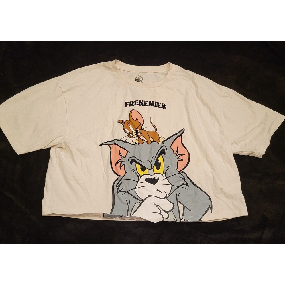 Woman's Frenemies Tom & Jerry White Graphic Tee Cropped Size Medium FAIR